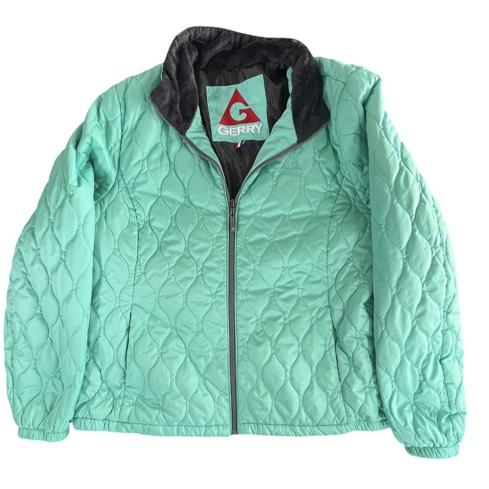 Gerry Quilted Jacket Womens L Mint Teal Blue Puffer Neck Full Zip Coat